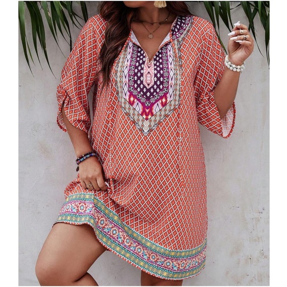 Plus Tribal Print Neck tie Mini Dress - Picture 7 of 9